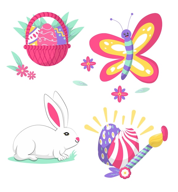 Płaskie Ręcznie Rysowane Kolorowe Wielkanocne Wakacje Celebration Elementy Kolekcji