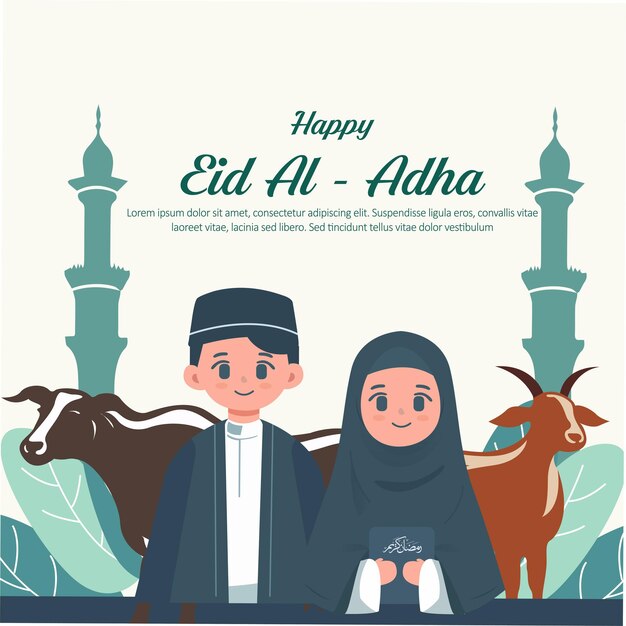 Płaskie tło eid aladha z ludźmi i zwierzętami