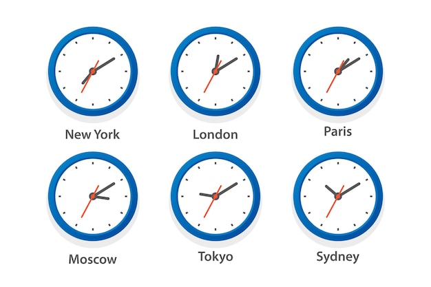 Płaskie Wektor ściana Biuro Zegar Zestaw Ikon Stref Czasowych Różnych Miast Biały Szablon Projektu Tarczy Zegar ścienny Stref Czasowych Zbliżenie Góry Widok Z Przodu