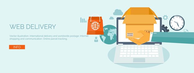 Plik wektorowy płaskie wektorowe ilustracje tła ustawione międzynarodowa dostawa na całym świecie poczta e-mail online