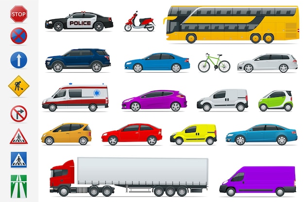 Plik wektorowy płaskie wysokiej jakości samochody transportu miejskiego i zestaw ikon znaków drogowych. widok z boku sedan, van, ciężarówka, terenowa, autobus, skuter, motocykl. miejski transport publiczny, towarowy do infografiki i projektowania.
