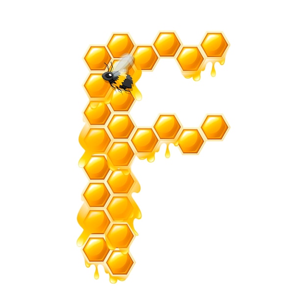 Plik wektorowy plaster miodu litera f krople miodu i pszczoła płaski wektor ilustracja na białym tle.