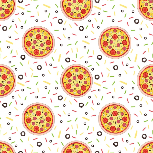 Plasterki pizzy salami wzór. Ilustracja wektorowa na białym tle. Śmieszne, kreskówki plastry pizzy. Druk na wzór pizzy na tekstylia lub papier