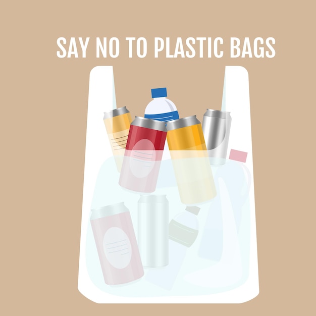 Plik wektorowy plastikowa torba z plastikowymi butelkami i puszkami. rozmowa o ekologii. ilustracja.
