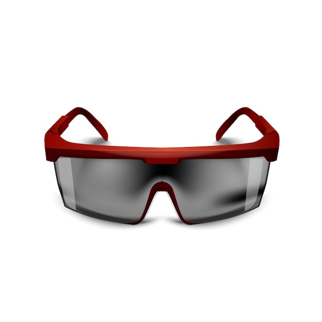Plastikowe Czerwone Czarne Okulary Ochronne Na Białym Tle. Okulary Robocze Ochrona Oczu Sprzęt Budowlany, Medyczny I Sportowy