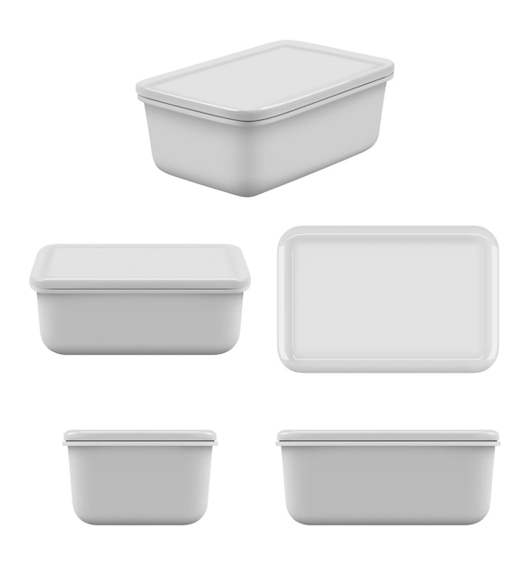Plastikowy pojemnik na żywność. Makiety pustych pudełek do pielęgnacji produktów kuchennych do przechowywania półek obiadowych naczynie wektor realistyczny zestaw. Plastikowa makieta pojemnika do ilustracji żywności