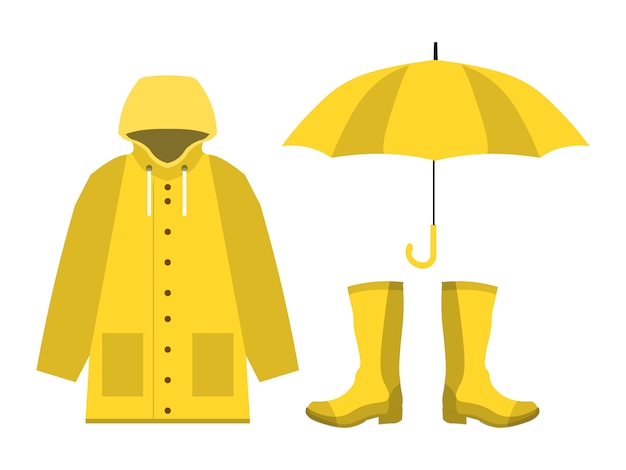 Płaszcz przeciwdeszczowy, kalosze, otwarty parasol, zestaw pora deszczowa w mieszkaniu
