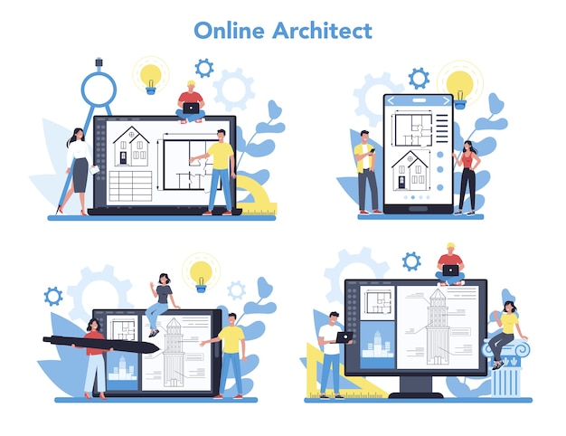 Platforma Architektury Online Na Zestawie Koncepcji Różnych Urządzeń. Idea Projektu Budowlanego I Robót Budowlanych. Schemat Domu, Przemysłu Maszynowego. Działalność Firmy Budowlanej.