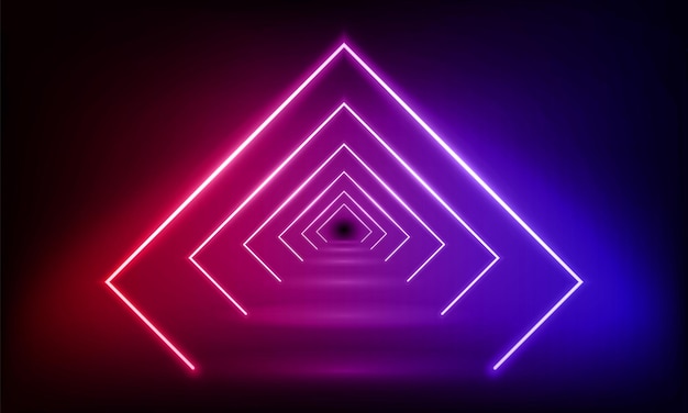 Platforma cokołu drogowego na podium w formie rombu z neonowymi promieniami świetlnymi na niebieskim czerwonym tle 3D