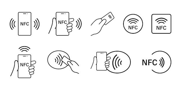 Płatność NFC z ikonami zestawu smartfonów. Kolekcja ikon technologii NFC. Znak płatności zbliżeniowej NFC. Wektor zapasowy. EPS 10