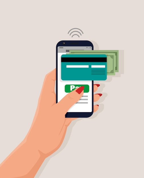 Płatność Online Za Pomocą Smartfona Ręka Trzyma Telefon Komórkowy Naciskając Przycisk Płatności Na Ekranie