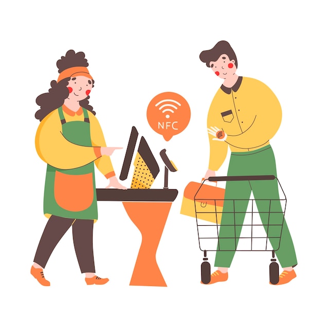 Płatności Zbliżeniowe Nfc Płaska Ilustracja Wektorowa Płatności Za Pomocą Technologii Paypass Na Smartfonie Sprzedawca W Supermarkecie