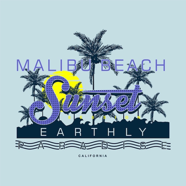 Plaża Malibu, Zachód Słońca Sesja Graficzna Ilustracja Wektorowa Typografii Koszulki,
