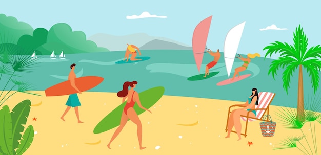 Plaża Na Lato Surfing Latawiec Na Morzu Wektor Ilustracja Sport Wodny Oceanu Na Pokładzie Ekstremalnej Aktywności Dla Mężczyzny Kobieta Charakter Surfer Na Wakacjach