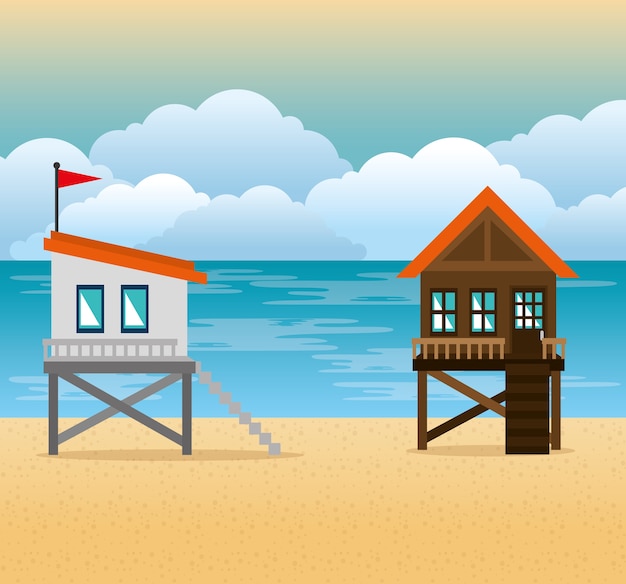 Plaża Z Ratownikiem Wieży Scena Wektor Ilustracja Projektu