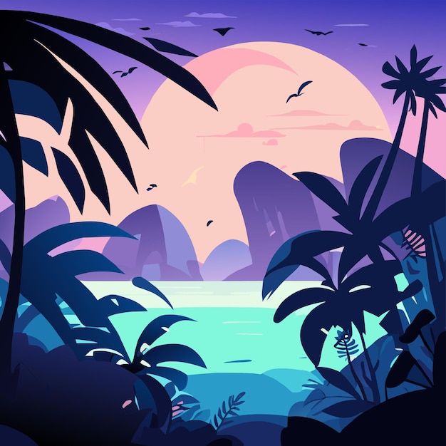 Plaża Zachód Słońca Palmy Tropikalna Wyspa Ręcznie Narysowany Płaski Stylowy Maskotka Kreskówka