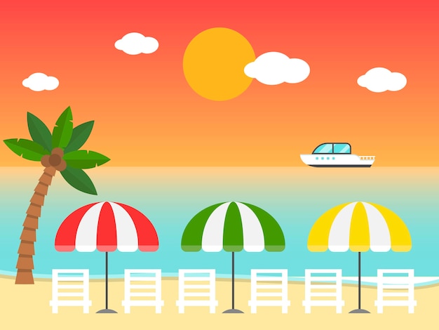 Plik wektorowy plażowi krzesła i parasole na zmierzch plaży ilustraci