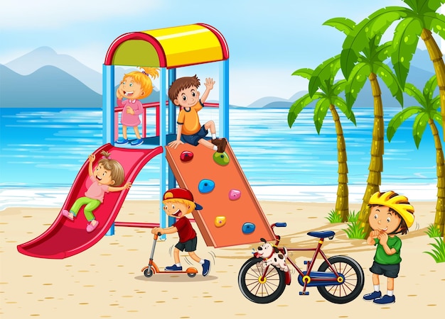Plażowy Plac Zabaw Ze Szczęśliwymi Dziećmi