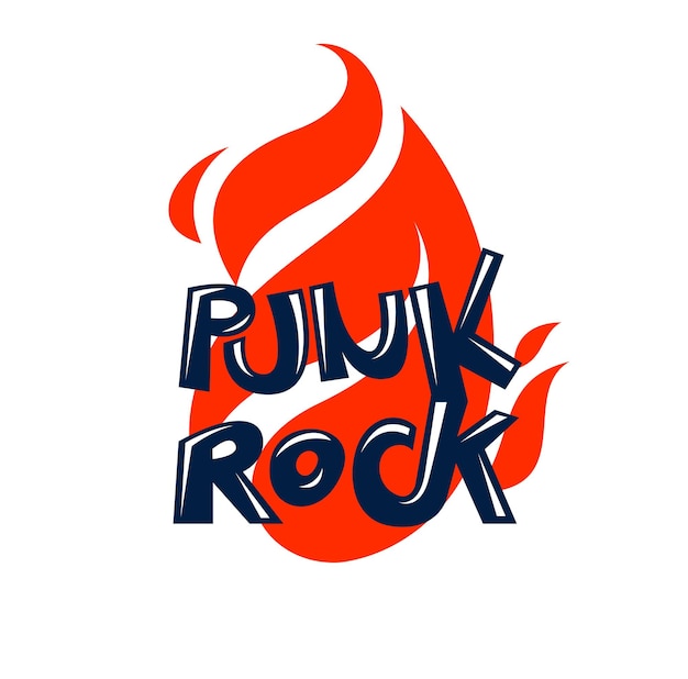Płomienie i wpisując Rock wektor emblemat lub logo, etykieta stylów muzycznych Rock and Roll, Hard Rock, Punk i Heavy Metal, koncert festiwalu muzycznego lub reklama klubu.