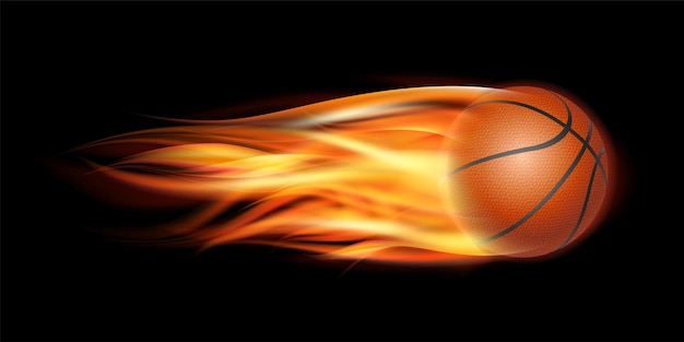 Plik wektorowy płonąca piłka do koszykówki. piłka do koszykówki latająca w ogniu na ciemnym tle. ilustracja wektorowa