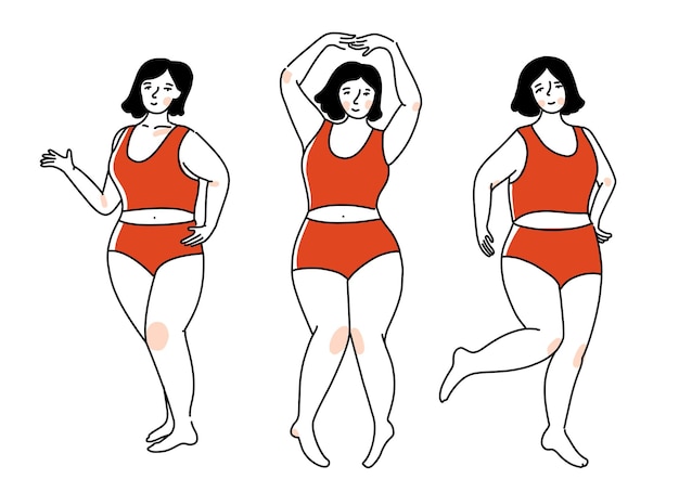 Plus Size Kobieta W Czerwonej Bieliźnie W Różnych Aktywnych Pozach. Szczęśliwa Dziewczyna Taniec, Ciało Pozytywne Pojęcie. Ilustracja Wektorowa Zarys. Postać żeńska Na Białym Tle.