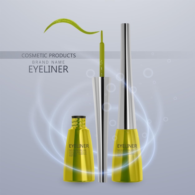 Płynny Eyeliner, Zestaw Jasnożółtego Koloru, Makieta Produktu Eyeliner Do Użytku Kosmetycznego W Ilustracji 3d, Na Białym Tle Na Jasnym Tle. Ilustracja Wektorowa Eps 10