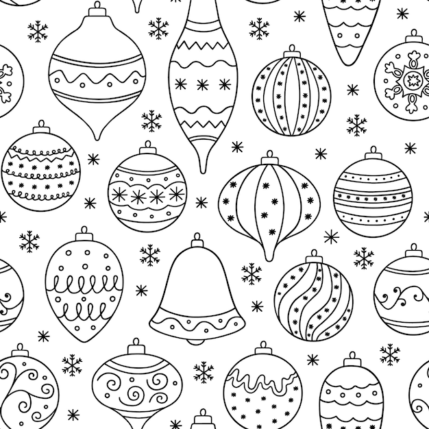 Płynny wzór bombek doodle dekoracja nowego roku w stylu szkicu