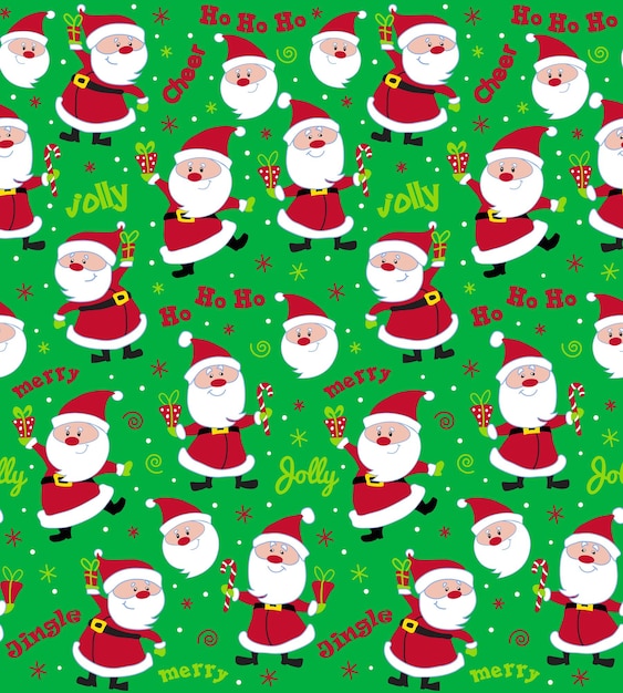 Płynny wzór Bożego Narodzenia Cute Santa Claus z sformułowaniami Hohoho i Jolly - Christmas Vector