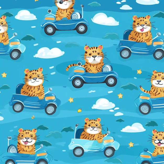 Płynny wzór kreskówki ładny tygrys prowadzący samochód ilustracji wektorowych