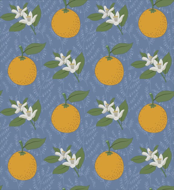 Plik wektorowy płynny wzór pomarańczowych owoców i kwiatów na botanicznym niebieskoszarym teksturowanym tle