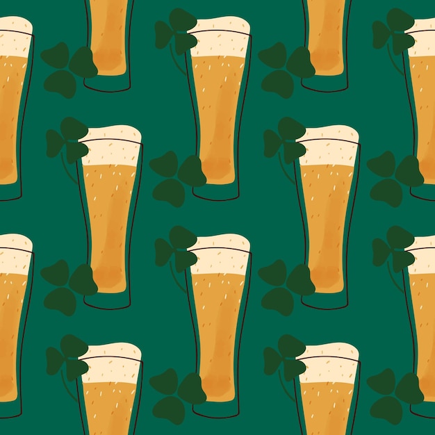Plik wektorowy płynny wzór z ilustracją stylizowanym kuflem piwa na zielonym tle na wakacje stpatrick