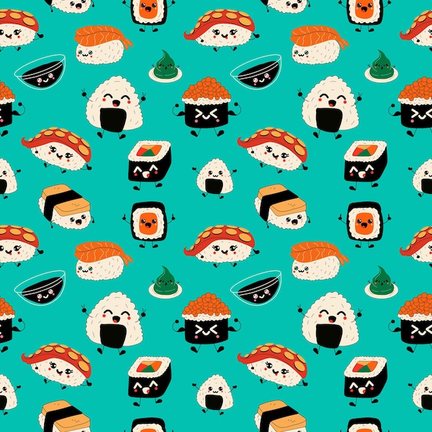 Płynny wzór z postaciami sushi Emoji. Japońskie jedzenie z kreskówek. Zestaw wektorów