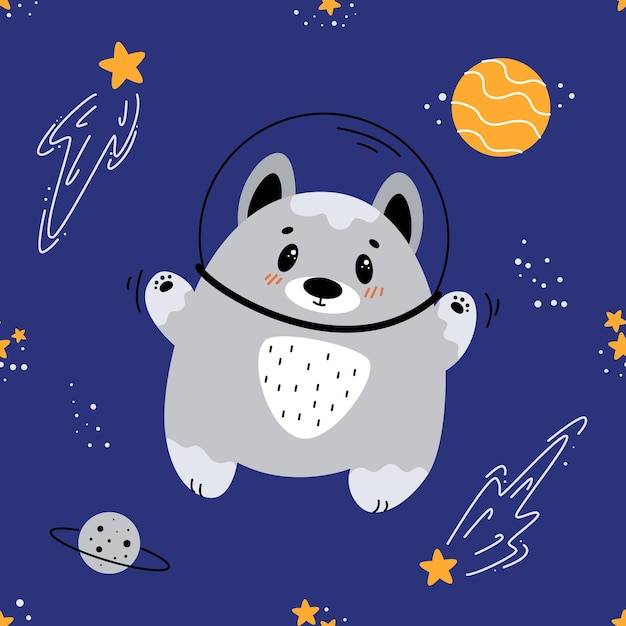 Płynny wzór z psem w kosmosie, kosmicznym wilkiem, psem latającym w kosmosie, ilustracje dla dzieci