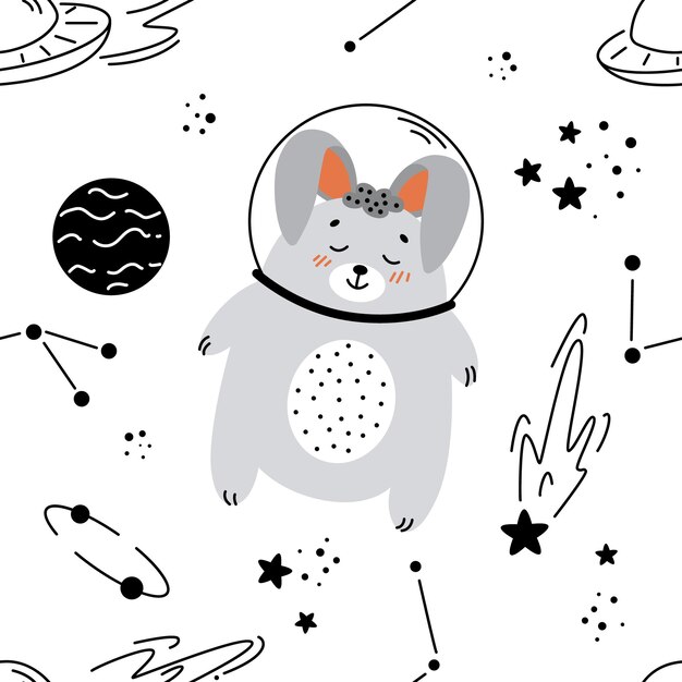 Płynny wzór z uroczym astronautą i zestawem elementów kosmicznych planet gwiazd konstelacji