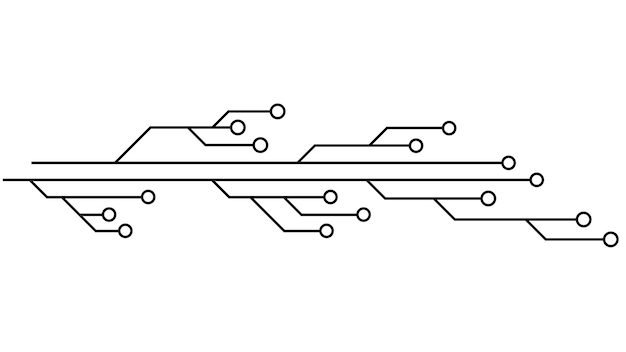 Płytka drukowana PCB utworów na białym tle Techniczne clipart z liniami i pierścieniami na końcach Dzielniki dla projektu Element projektu