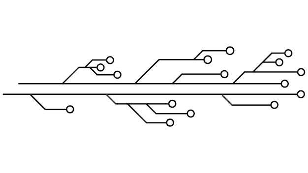 Płytka drukowana PCB utworów na białym tle Techniczne clipart z liniami i pierścieniami na końcach Dzielniki dla projektu Element projektu