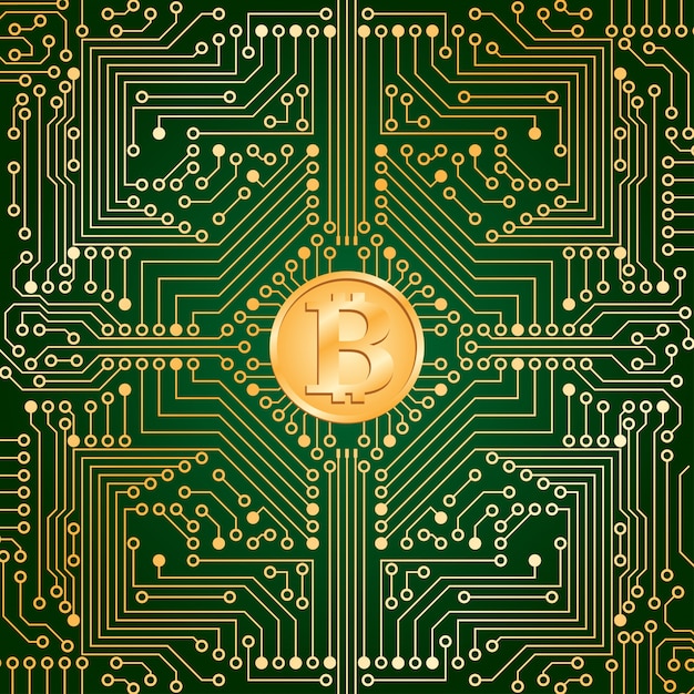 Płytka elektroniczna z komputera w kolorze zielonym z bitcoinem pośrodku.