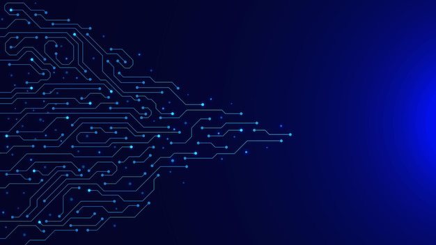 Płytka obwodów sztucznej inteligencji z świecącymi cząstkami na ciemno niebieskim tle połączona z niebieskimi elementami elektronicznymi
