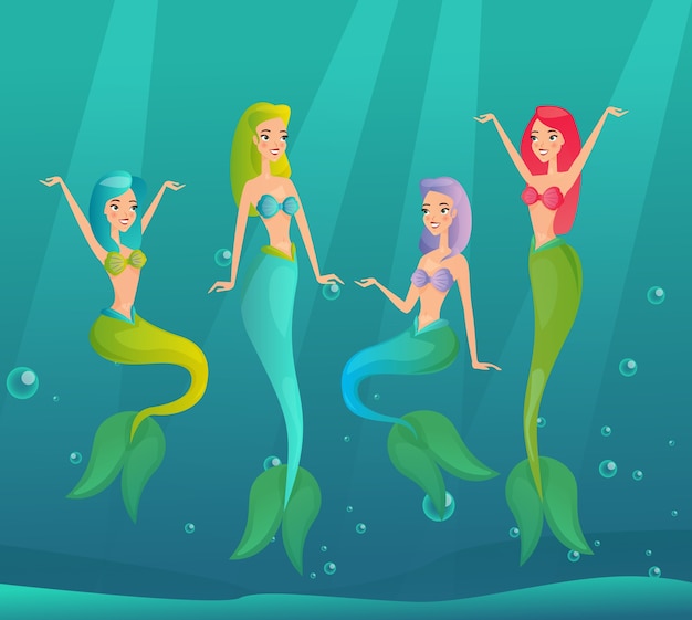 Pływanie Syren. Podwodne Stworzenia Fantasy. Piękne Kobiety Z Rybimi Ogonami