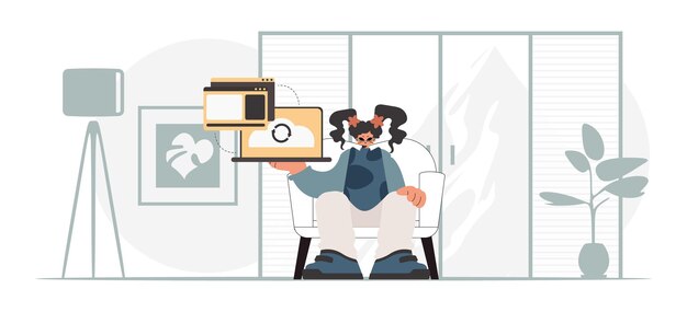 Pobudzona kobieta trzyma tablet zsynchronizowany z pojemnością danych. Ilustracja wektorowa w modnym stylu