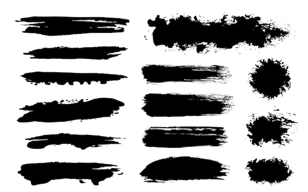 Pociągnięcia pędzlem Zestaw pędzli wektorowych Elementy projektu Grunge Prostokątne okrągłe pola tekstowe Cienkie brudne banery tekstury cierpienia Rozpryski atramentu Grungy malowane linie