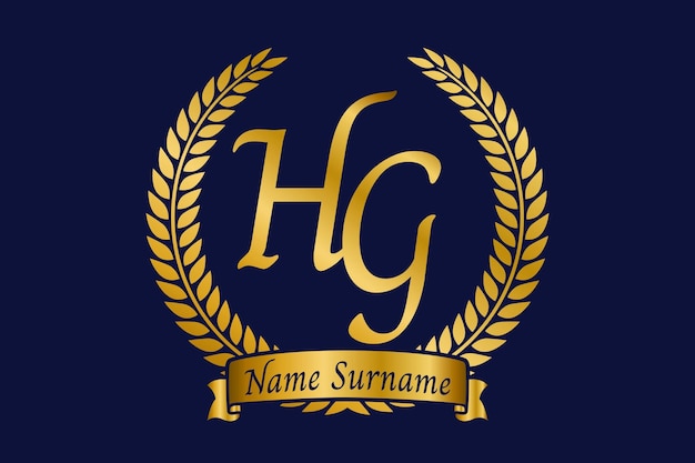 Początkowa litera H i G Monogram logo HG z wieńcem laurowym Luksusowa złota czcionka kaligraficzna