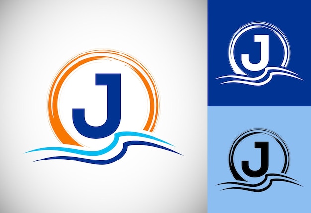 Początkowa Litera J Monogram Z Falami Oceanu Wody I Słońcem Koncepcja Projektowania Logo Plaży