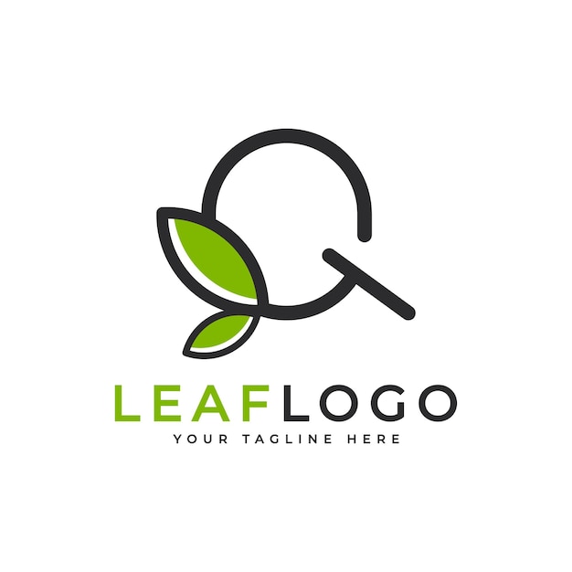Początkowa Litera Q Logo Czarny Kształt Styl Liniowy Połączony Z Symbolem Zielonego Liścia Nadający Się Do Użytku W Biznesie