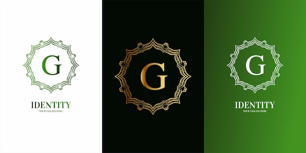 Początkowy Alfabet Litery G Z Luksusowym Ornamentem Kwiatowy Szablon Logo Ramki.