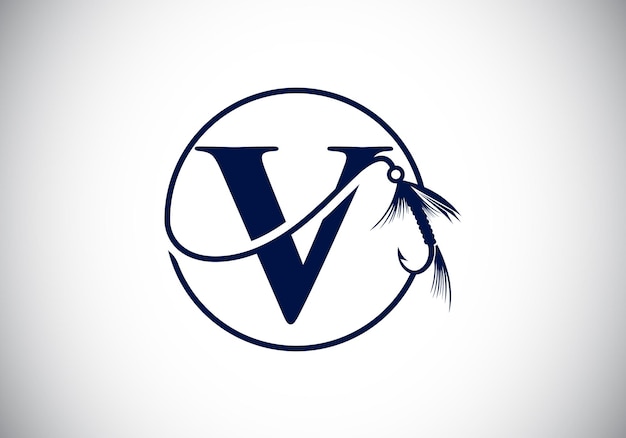 Początkowy alfabet litery V monogram z wędkarstwem Hook Fishing logo koncepcja wektor ilustracja Nowoczesny projekt logo dla firmy wędkarskiej i tożsamości firmy
