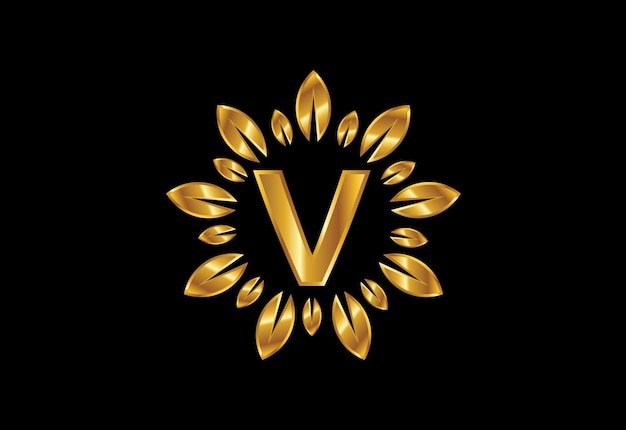 Początkowy alfabet litery V monogram ze złotym wieńcem liści. Koncepcja projektowania logo kwiat