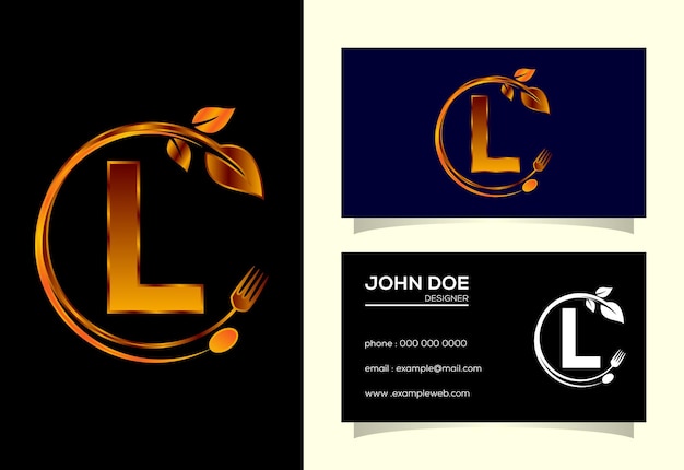 Początkowy Alfabet Monogramu L Z Widelcem, łyżką I Liściem Logo Zdrowej Naturalnej żywności Logo Dla Kawiarni