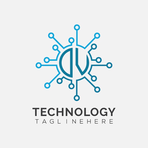 Początkowy monogram DV dla logo technologicznego z rysunkiem w stylu okręgu