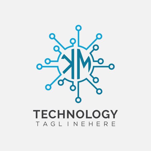 Początkowy monogram KM dla logo technologicznego z konstrukcją w stylu okręgu
